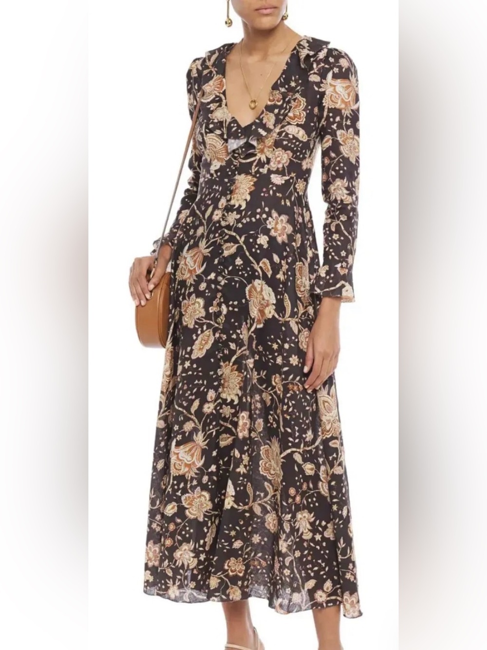 Zimmermann Valiant Button Midi Dress Floral Maxi Dress in Black & Brown